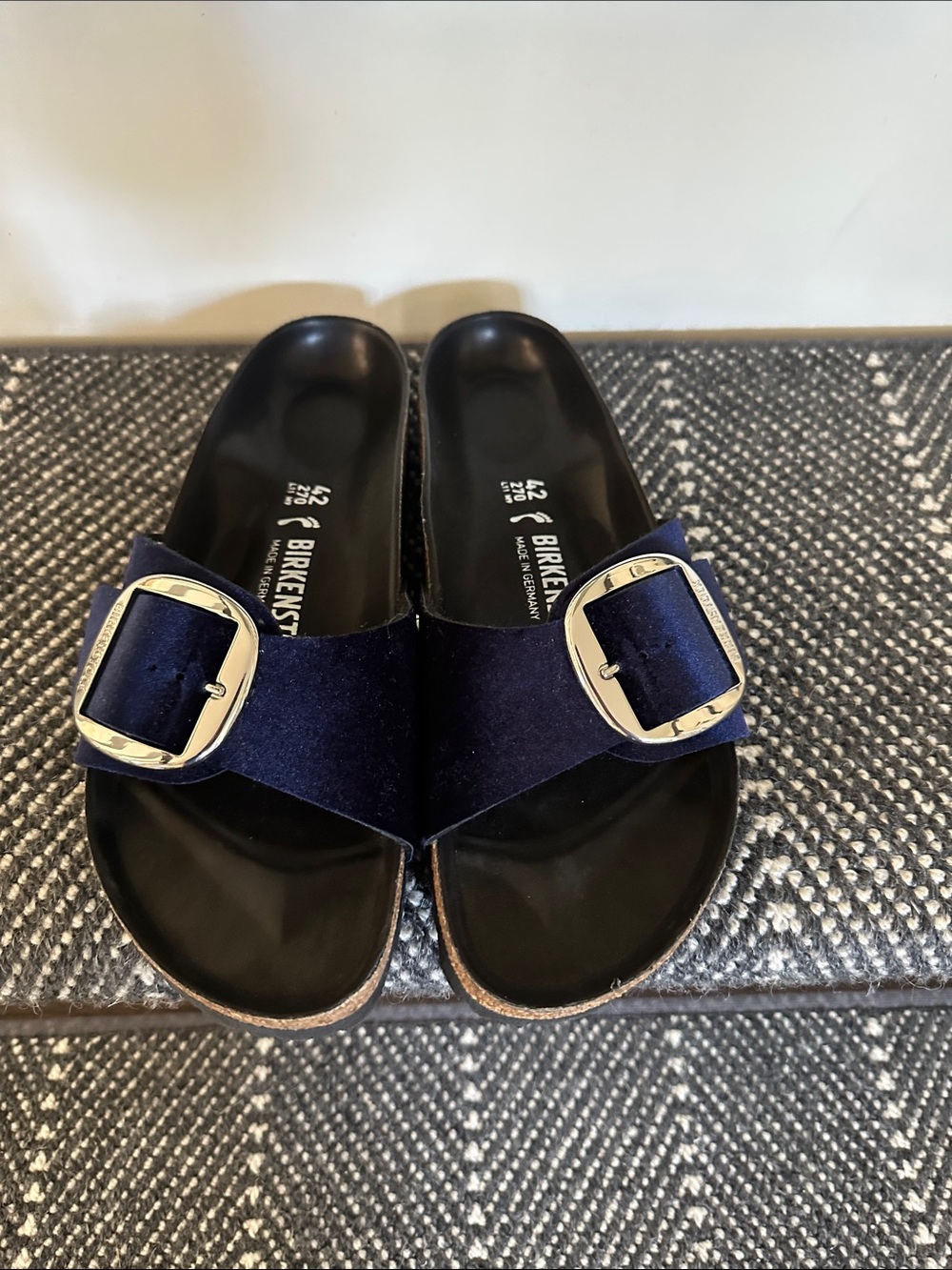 Birkenstock Madrid Velvet Slide Sandals in Dark Blue with Silver Buckles Size 42
